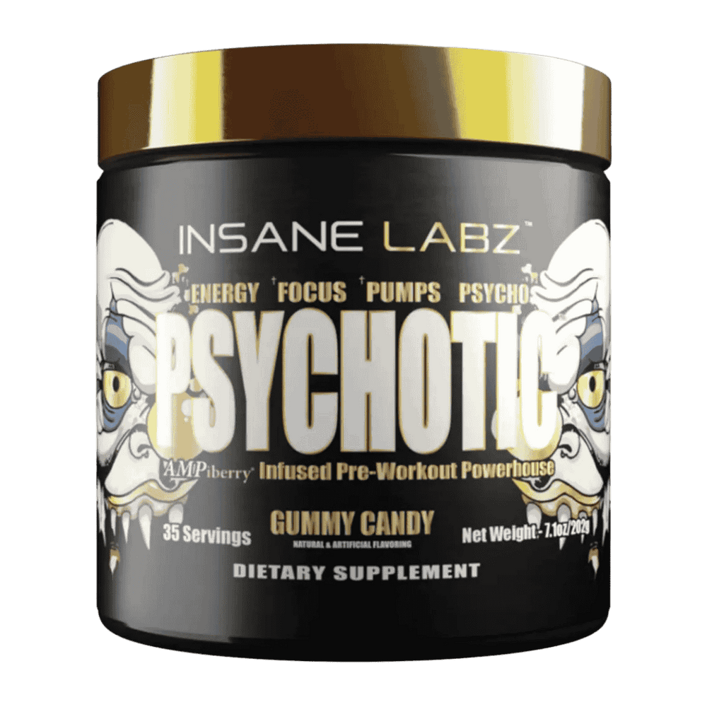Pote del pre-entreno de alta potencia Psychotic Gold de Insane Labz, con 35 servicios.