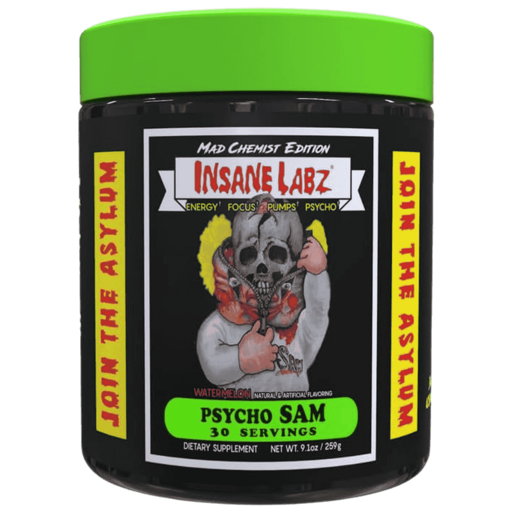 Pote del pre-entreno Psychotic SAM de Insane Labz, 30 servicios.