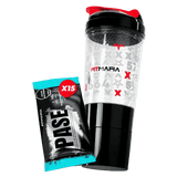 Shaker con 15 sobres (sachets) del pre-entreno Shaker Pase de Fitmafia.