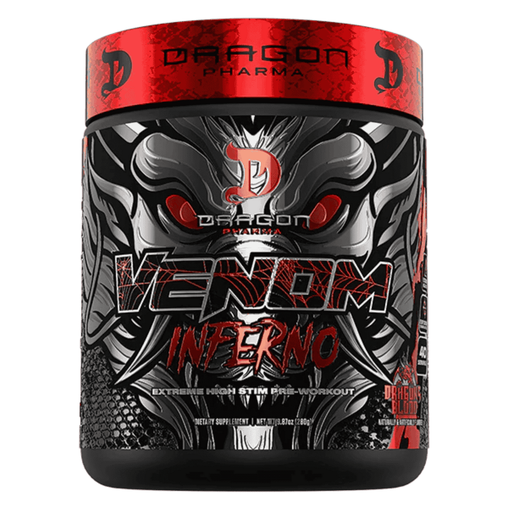 Pote del pre-entreno termogénico Venom Inferno de Dragon Pharma sabor dragon blood.