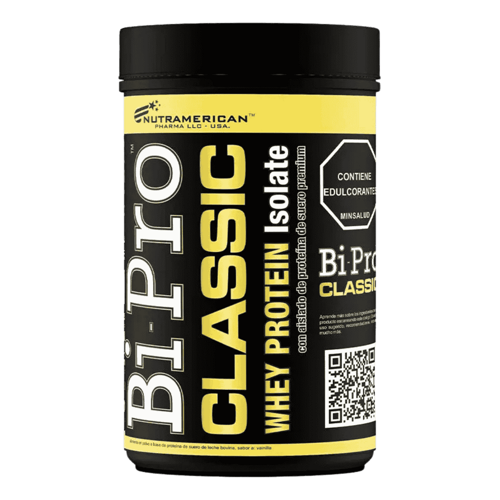 Pote de 1 libra de Bipro Classic de Nutramerican, proteína aislada pura.