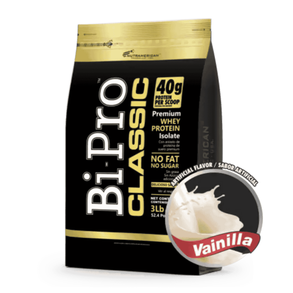Bolsa de 3 libras de Bipro Classic de Nutramerican sabor vainilla, proteína aislada pura.