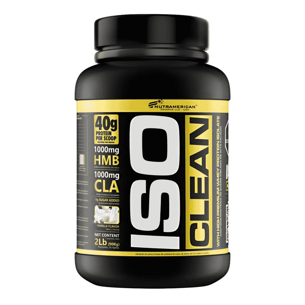 Pote de 2 libras de Iso Clean de Nutramerican, proteína aislada cero carbohidratos.