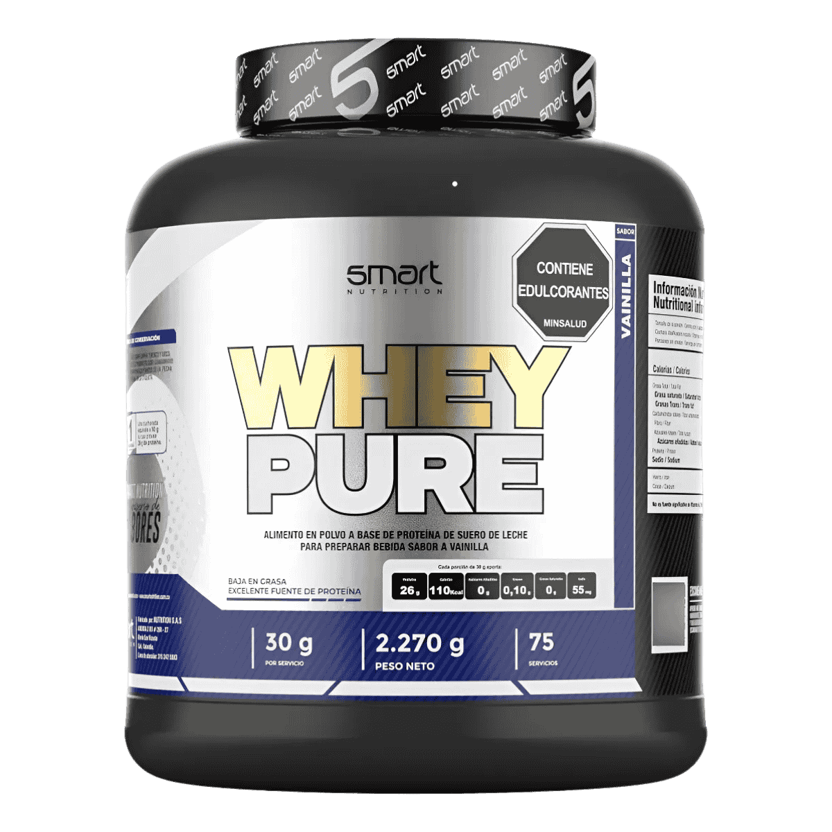 Pote de 5 libras de Whey Pure de Smart Nutrition, proteína aislada pura sabor vainilla.