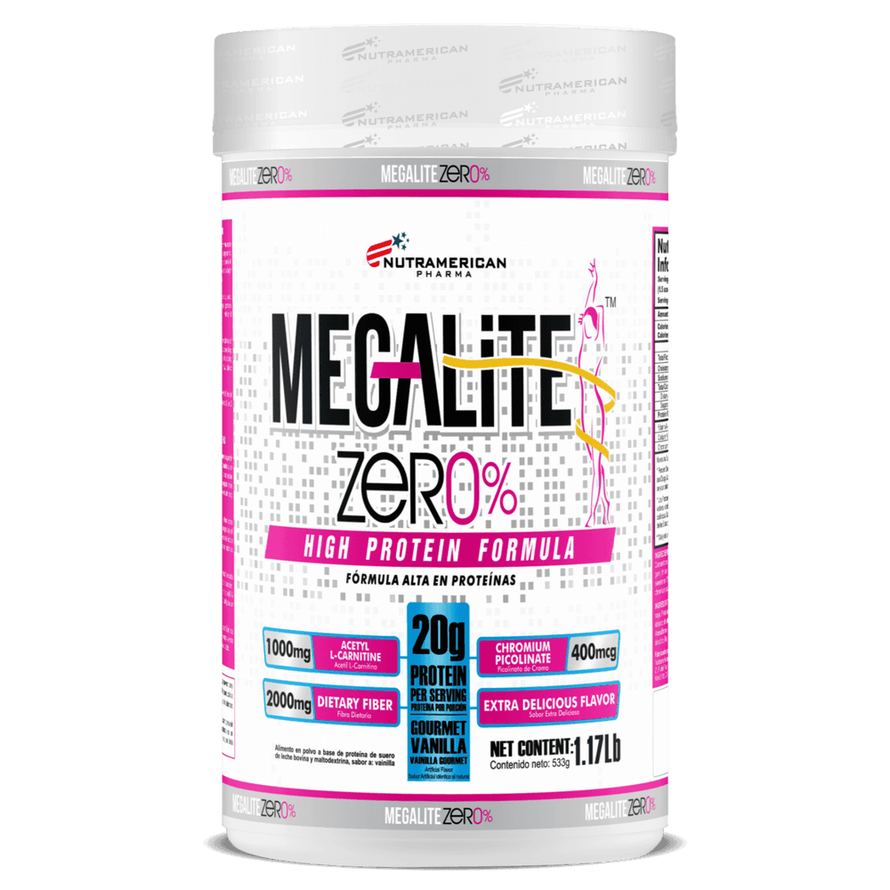 Pote de proteína baja en calorías Mega Lite de 1.17 libras de la marca Nutramerican.