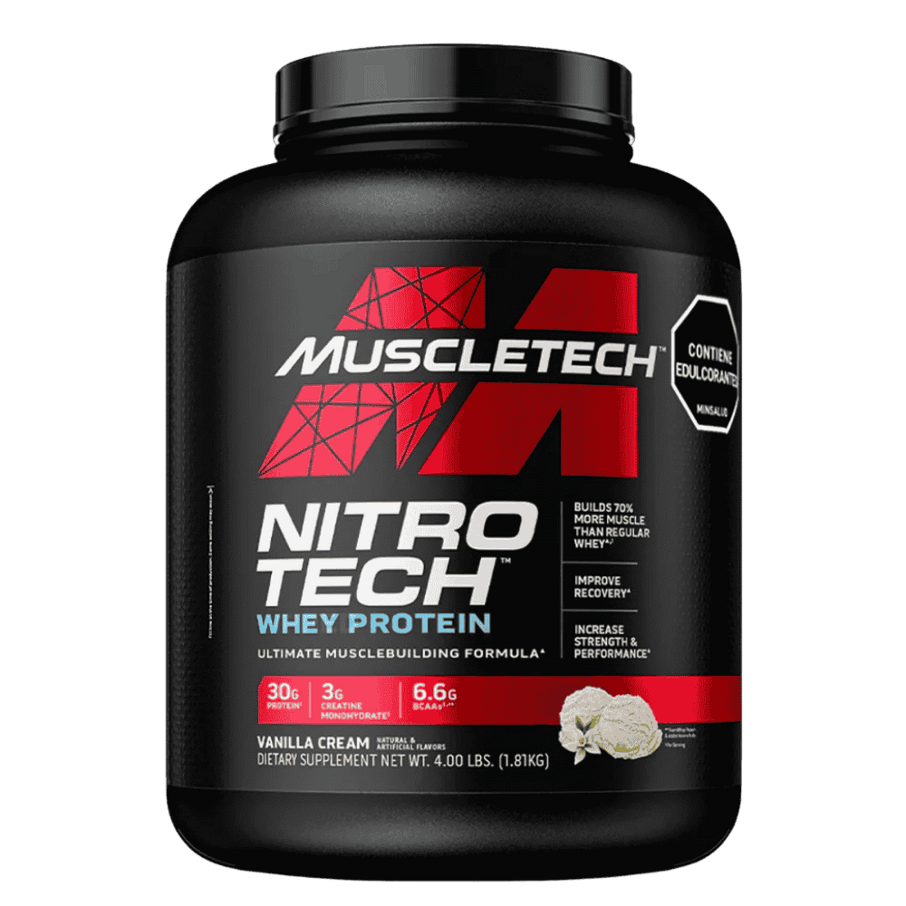 Pote de 4 libras de Nitro-Tech Performance Series de Muscletech sabor vainilla cream, proteína con creatina.