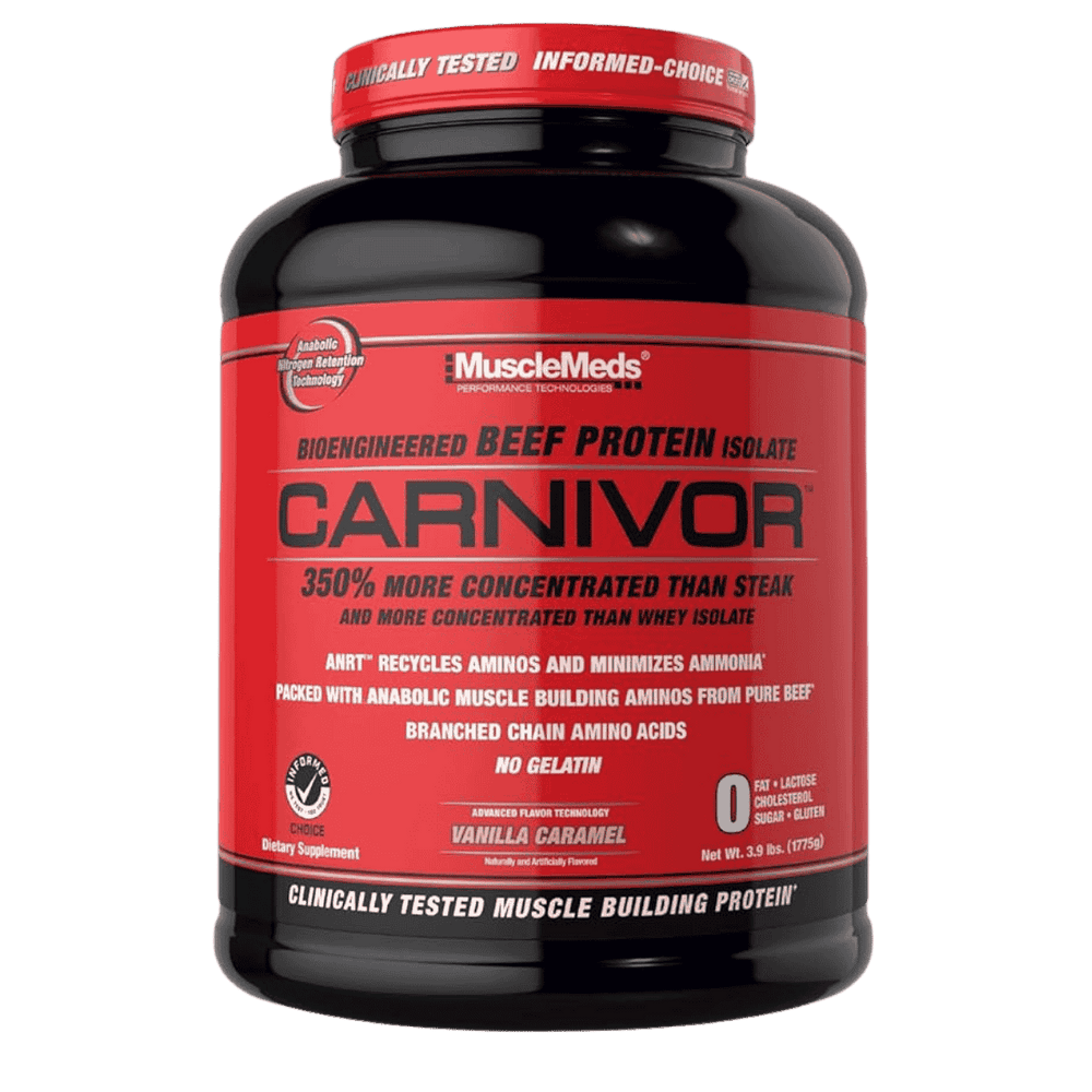 Pote grande de 4 libras de Carnivor de MuscleMeds, proteína de carne sin lactosa sabor vainilla caramel.