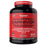 Pote grande de 4 libras de Carnivor de MuscleMeds, proteína de carne sin lactosa sabor vainilla caramel.