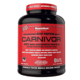 Pote grande de 4 libras de Carnivor de MuscleMeds, proteína de carne sin lactosa sabor strawberry