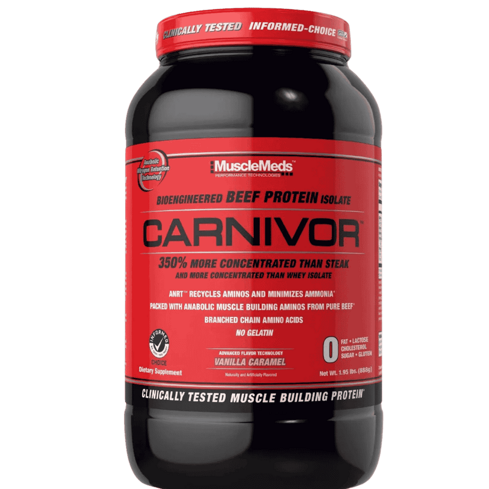 Pote de 2 libras de Carnivor de MuscleMeds sabor vainilla caramel, proteína aislada de carne de res.