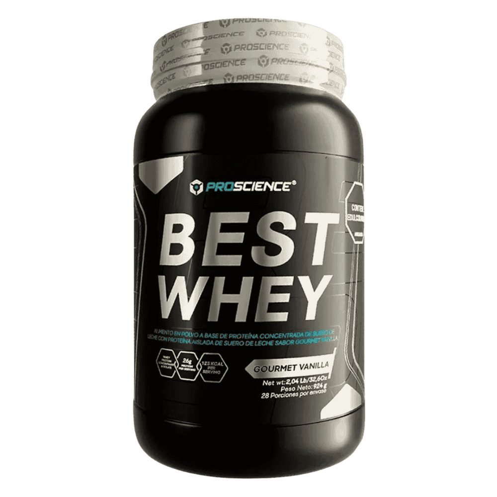 Pote de 2 libras de Best Whey de Proscience, proteína de suero para masa muscular.