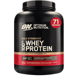Pote de 5 libras de Gold Standard 100% Whey de Optimum Nutrition, formato grande sabor extreme milk chocolate.