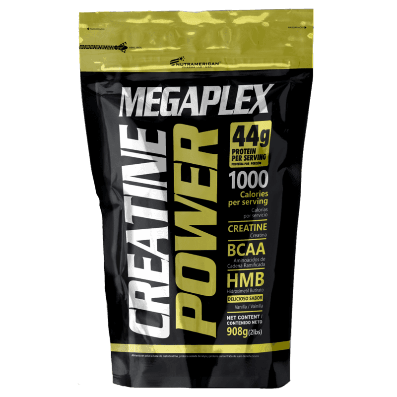 Pote de Proteína Hipercalórica Megaplex Creatine Power de 2.3 libras sabor vainilla, marca Nutramerican.