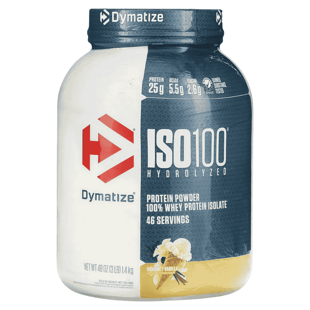 Envase de ISO 100 de Dymatize de 3 lbs, sabor Gourmet Vanilla.