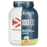 Envase de ISO 100 de Dymatize de 3 lbs, sabor Gourmet Vanilla.