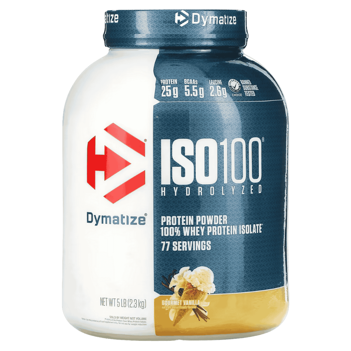 Pote grande de 5 libras de ISO 100 Hydrolyzed de Dymatize sabor gourmet vainilla.