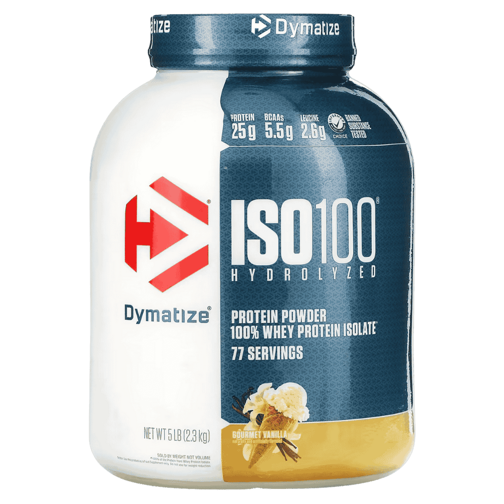 Pote grande de 5 libras de ISO 100 Hydrolyzed de Dymatize sabor gourmet vainilla.