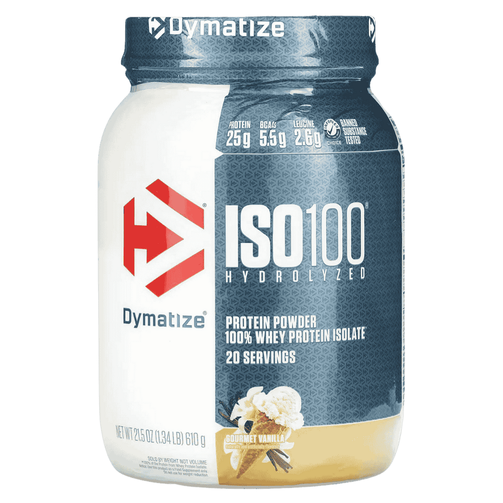 Pote de 1.3 libras de ISO 100 Hydrolyzed de Dymatize sabor gourmet vainilla.