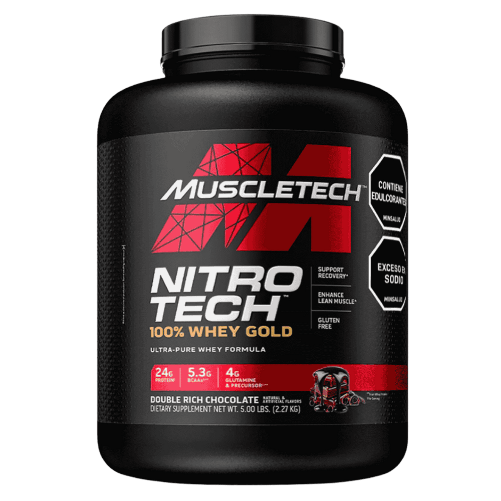 Pote de 5 libras de Nitro-Tech 100% Whey Gold de Muscletech sabor double rich chocolate.