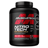Pote de 5 libras de Nitro-Tech 100% Whey Gold de Muscletech sabor double rich chocolate.