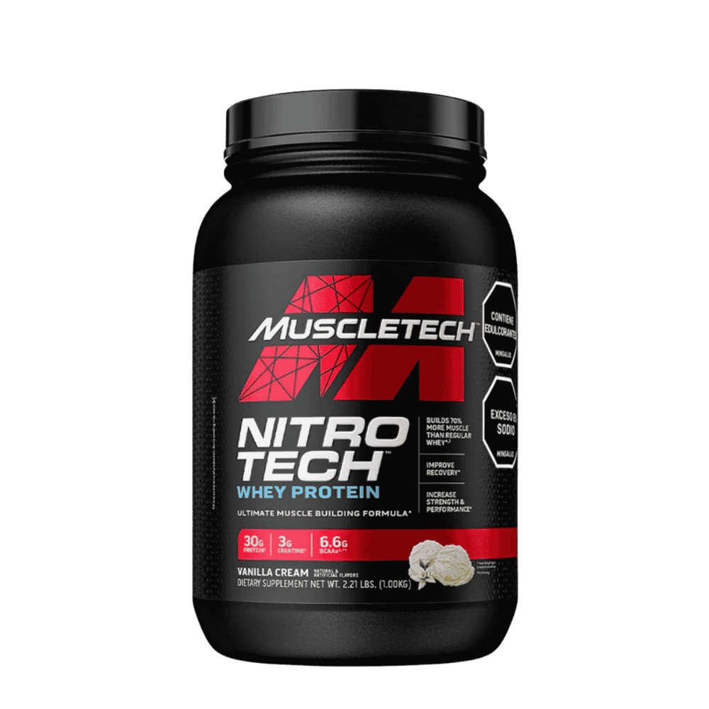 Pote de 2 libras de Nitro-Tech Performance Series de Muscletech sabor vainilla cream.