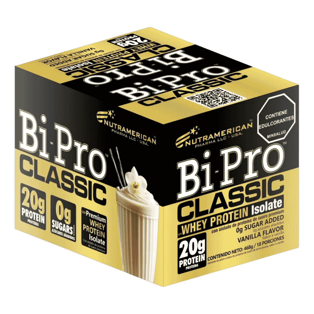 Caja con 18 sobres (sachets) de la proteína aislada Bipro Classic.