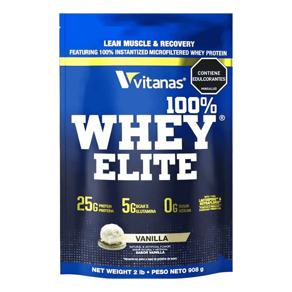 Bolsa de 2 libras de Whey Elite de Vitanas sabor vainilla, proteína de suero colombiana.