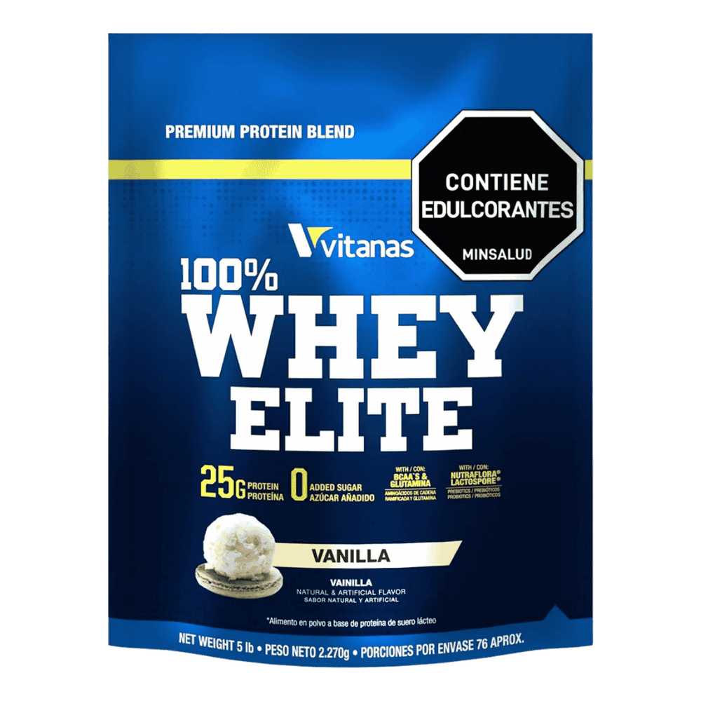 Bolsa de 5 libras de Whey Elite de Vitanas, proteína de suero de calidad nacional.