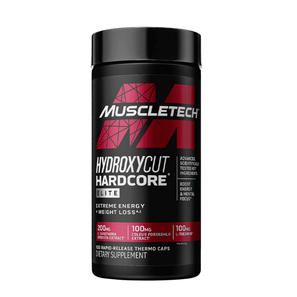 Frasco de 100 cápsulas de Hydroxycut Hardcore Elite de Muscletech.