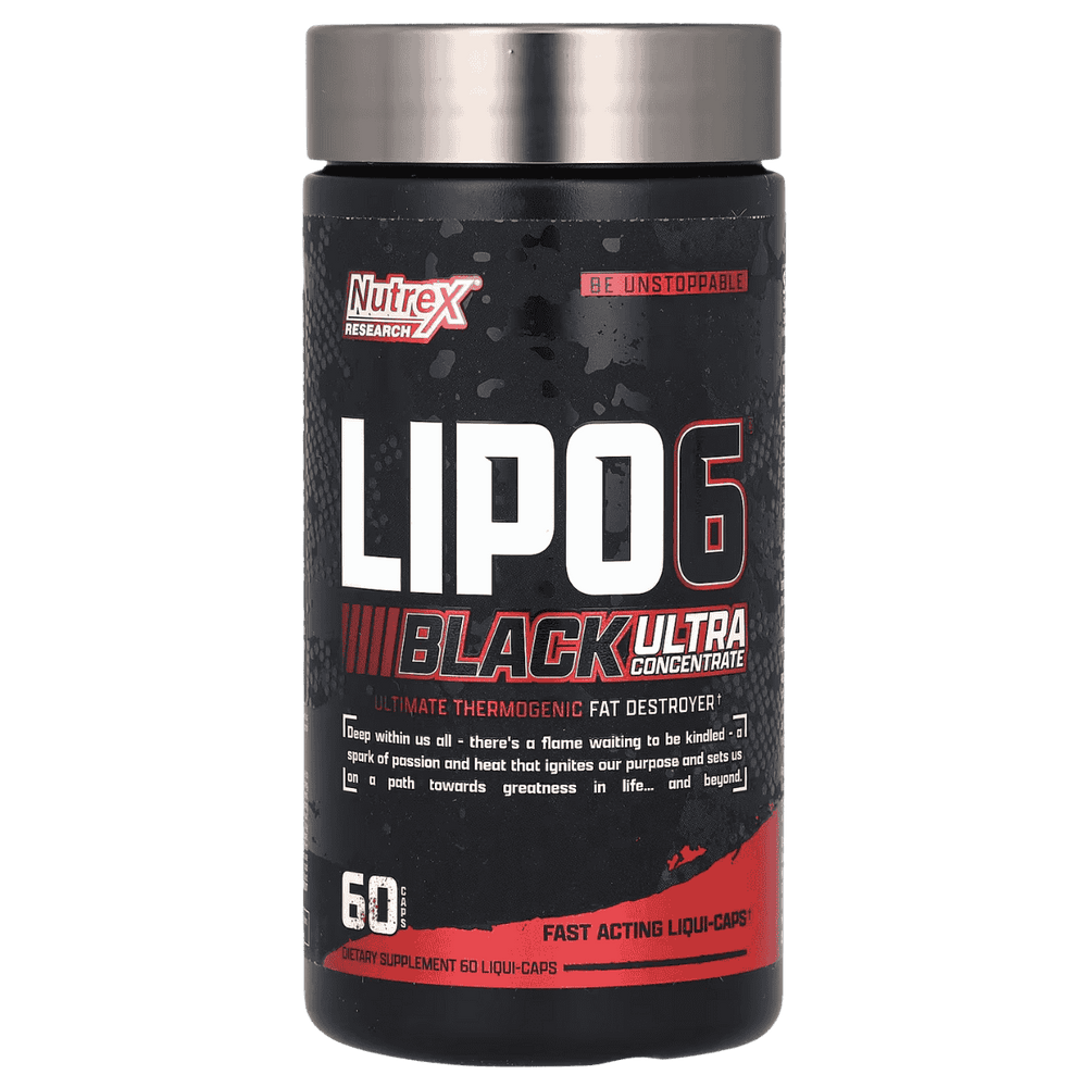Frasco de 60 cápsulas de Lipo-6 Black Hardcore de Nutrex, el quemador más potente.
