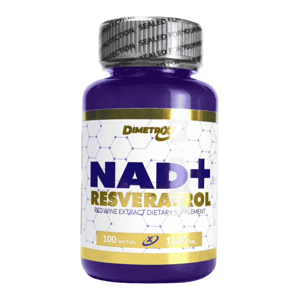 Frasco de 100 cápsulas de Resveratrol + NAD de la marca colombiana Dimetrix.