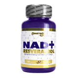 Frasco de 100 cápsulas de Resveratrol + NAD de la marca colombiana Dimetrix.