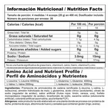 Tabla nutricional de Nitro Shock mostrando su alto contenido de BCAAs y Glutamina por servicio.