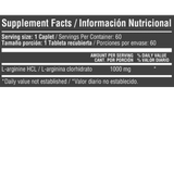 Información nutricional de la L-Arginina de Healthy Sports, mostrando 1000mg por servicio.