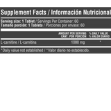 Información nutricional de la L-Carnitina de Healthy Sports, mostrando 1000mg por servicio.