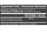 Información nutricional de la Creatina Healthy Sports de 50 servicios.