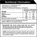 Información nutricional de la Creatina Ultra Pure, mostrando creatina monohidratada pura.