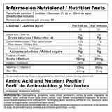 Tabla nutricional de Gluta Stack, mostrando su contenido de L-Glutamina y BCAAs por servicio.