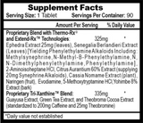Tabla de ingredientes de Lipodrene Amarillo, mostrando su matriz con extracto de efedra.