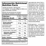 Tabla nutricional de Megaplex Creatine Power mostrando el alto contenido de calorías, carbohidratos y proteína por servicio.