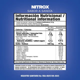 Tabla nutricional de Nitrox, mostrando su fórmula de precursores de óxido nítrico como L-Citrulina.