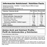 Tabla nutricional de Nutra Vegan Protein, mostrando su perfil de aminoácidos de origen vegetal.