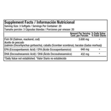 Tabla nutricional del Omega-3 de Healthy America, mostrando el contenido de EPA y DHA.