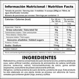 Tabla nutricional del ganador de peso Gainz, mostrando su fórmula con creatina y BCAAs.