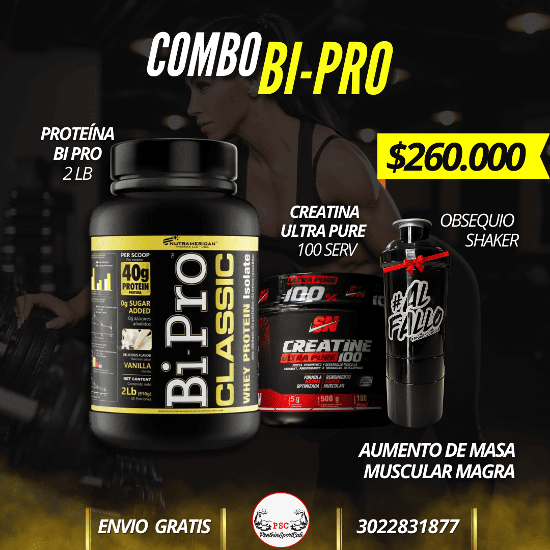Combo Masa Muscular : Bipro classic 2 lb + Creatina Ultra pure 100 Servs+ Shaker Obsequio
