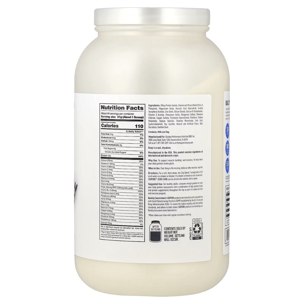 Tabla nutricional de Isopure, mostrando cero carbohidratos y 25g de proteína por servicio.