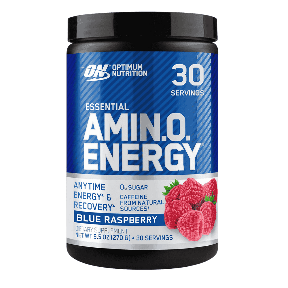 Pote de 30 servicios de Essential AmiN.O. Energy de Optimum Nutrition sabor blue raspberry, formato práctico.