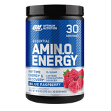 Pote de 30 servicios de Essential AmiN.O. Energy de Optimum Nutrition sabor blue raspberry, formato práctico.