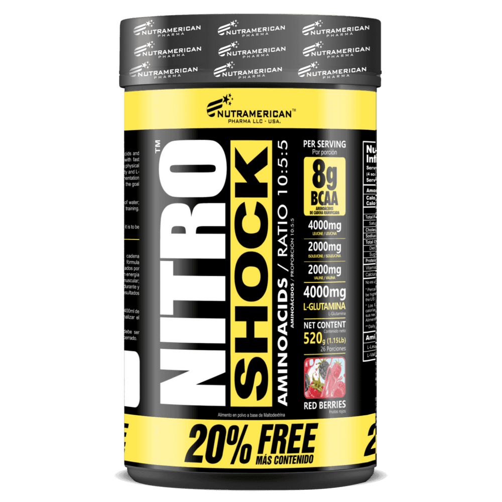 Pote de los aminoácidos en polvo Nitro Shock de 405 gramos de Nutramerican.

