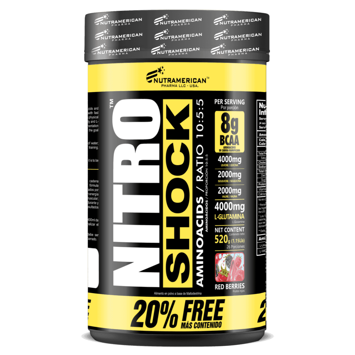 Pote de los aminoácidos en polvo Nitro Shock de 405 gramos de Nutramerican.

